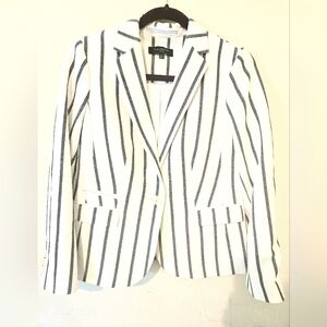 Talbots Women's Cream & Navy Striped Nautical Textured Summer Blazer 8 Petite